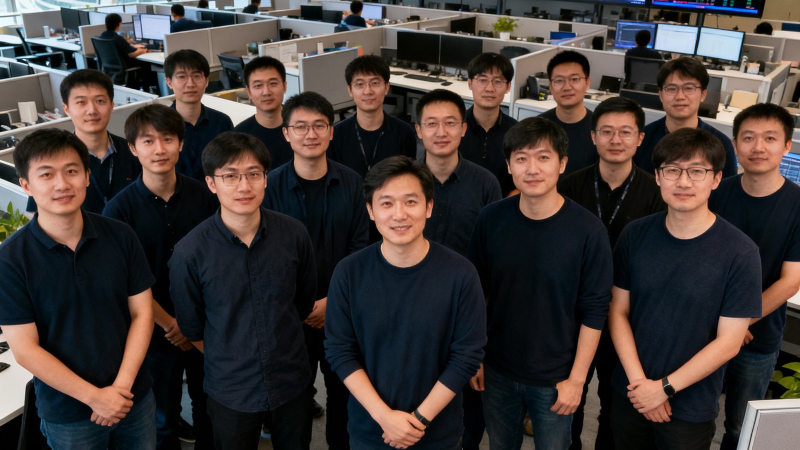低调看球北京研发中心团队在望京SOHO办公室的合影，约30位技术人员穿着深色休闲装，背景是开放式工位和多块监控屏幕，氛围专注而轻松
