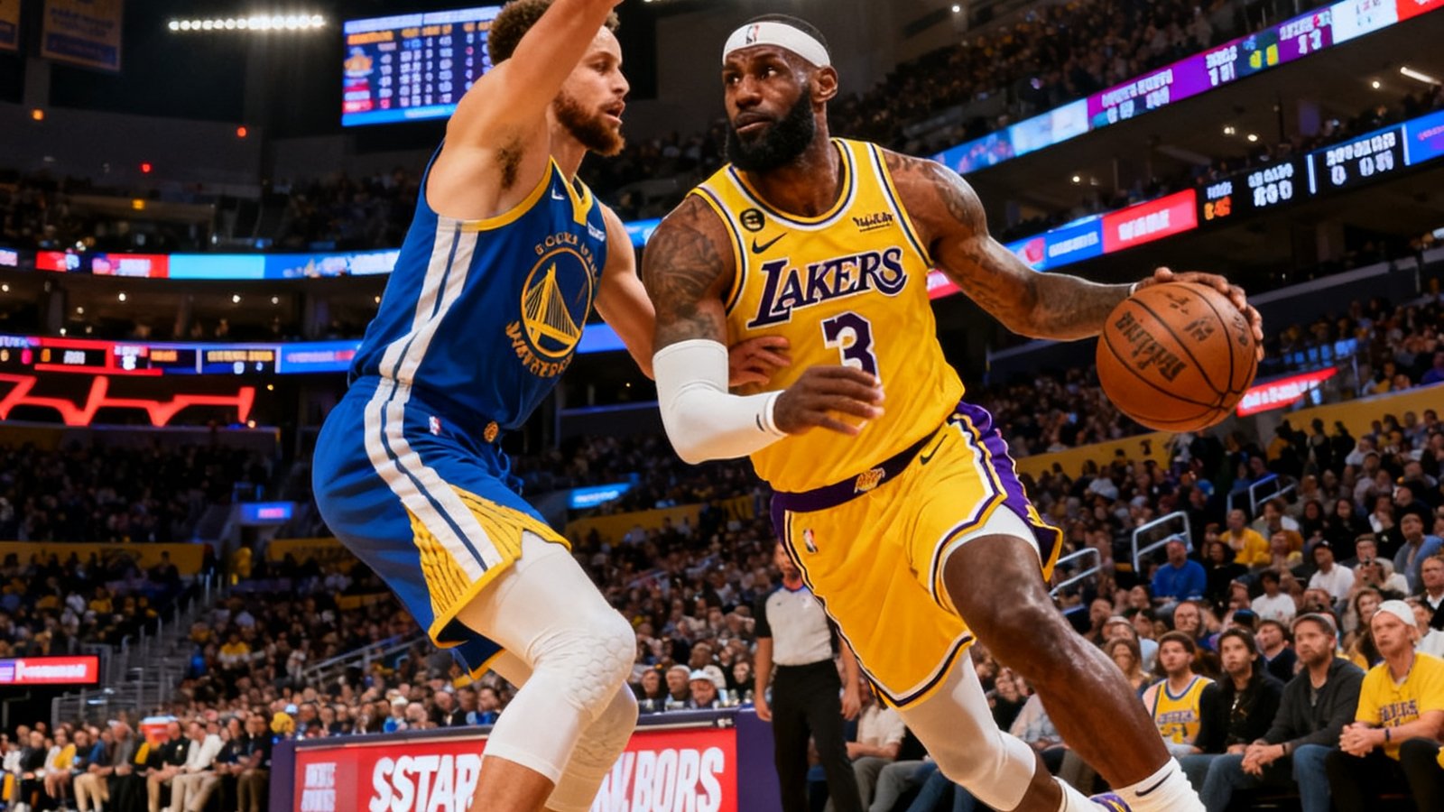 NBA西部焦点战湖人主场对阵勇士的直播画面，斯台普斯中心灯光璀璨，詹姆斯持球突破库里防守